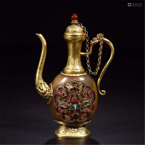 CHINESE GEM STONE INLAID GOLD MOUNTED AGATE KETTLE