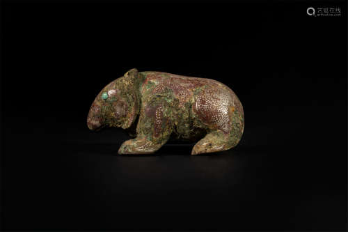 CHINESE TURQUOISE GOLD INLAID BRONE BEAR