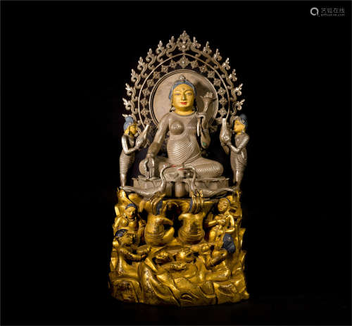 CHINESE GILT SILVER SEATED GUANYIN WITH BOYS ON BASE