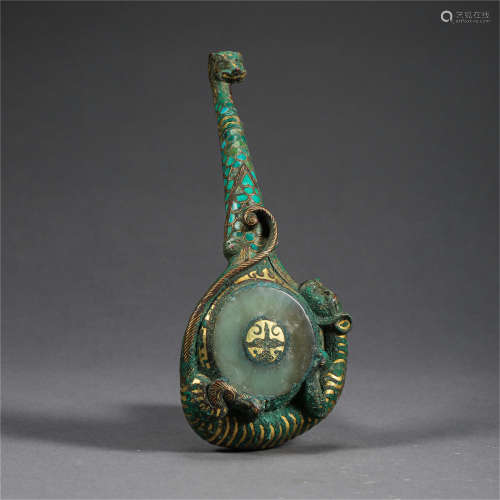 CHINESE TURQUOISE JADE GOLD INLAID BRONZE TIGER BELT HOOK