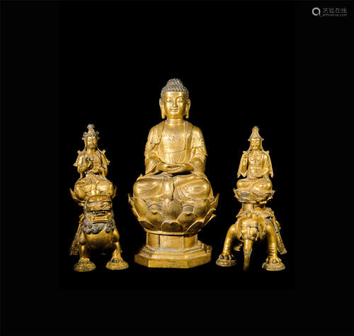 CHINESE GILT BRONZE SEATED SAKAMUNI WITH TWO BUDDHIST GUARDIAN