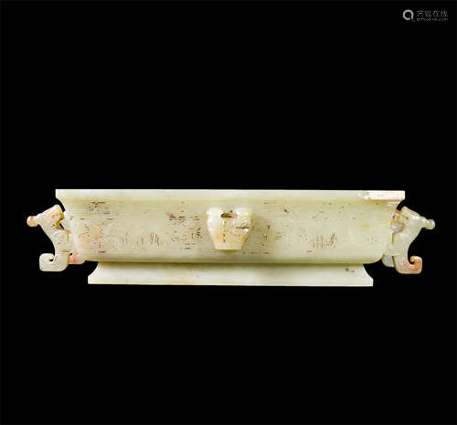 CHINESE CELADON JADE BEAST HANDLE SQUARE CENSER