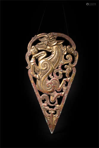 CHINESE GOLD INLAID BRONZE HORSE HEAD DECORATION