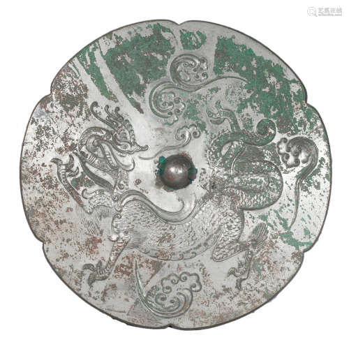 CHINESE ANCIENT BRONZE DRAGON FLOWER SHAPED MIRROR