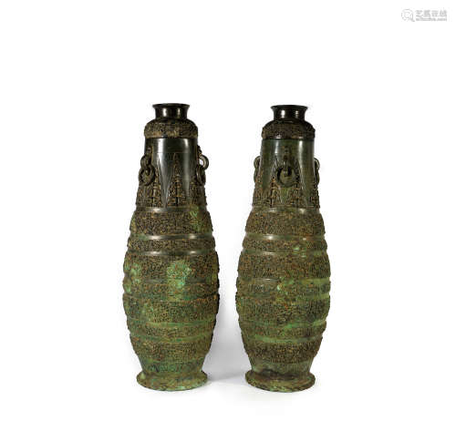 PAIR OF CHINESE ANCIENT BRONZE LIDDED VASE