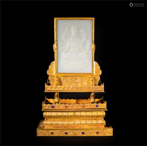 CHINESE WHITE JADE PLAQUE GILT BRONZE TABLE SCREEN