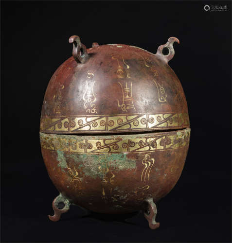 CHINESE GOLD INLAID RED COPPER LIDDED DING CENSER
