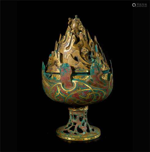 CHINESE GOLD INLAID BRONZE BOSHAN CENSER