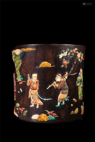 CHINESE GEM STONE INLAID BOY PLAYING HARDWOOD BRUSH POT