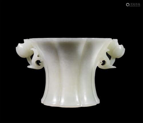 CHINESE WHITE JADE LOTUS HANDLE BRUSH POT