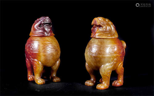 PAIR OF CHINESE ANCIENT JADE BEAST INCENSE CAGE
