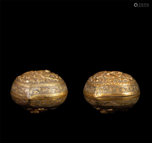PAIR OF CHINESE GILT SILVER LIDDED PEACH SHAPED BOX