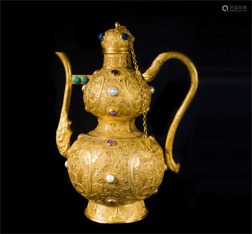 CHINESE GEM STONE INLAID PURE GOLD DOUBLE GOURD KETTLE