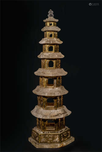 CHINESE GOLD MOUNTED ROCK CRYSTAL BUDDHIST TOWER