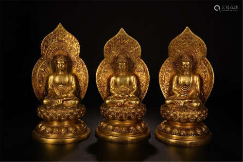 THREE CHINESE GILT BRONZE SEATED BUDDHA ON LOTUS BASE