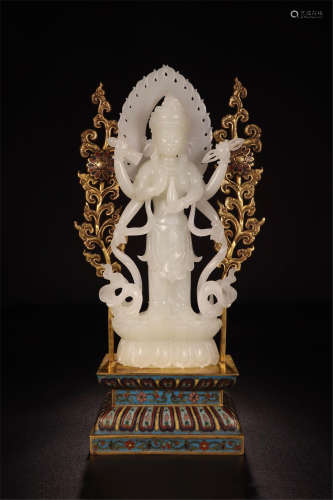 CHINESE WHITE JADE STANDING GUANYIN ON CLOISONNE BASE