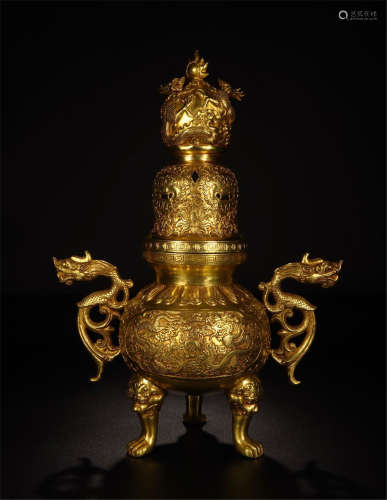 CHINESE GILT BRONZE DRAGON HANDLE TRIPLE FEET LIDDED CENSER