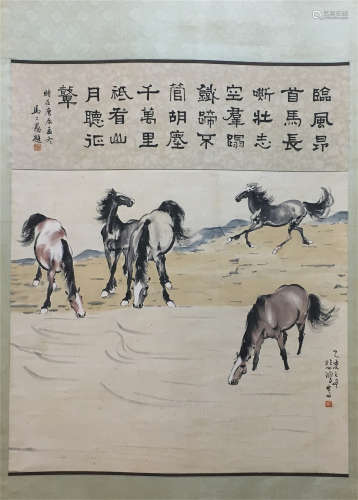 CHINESE SCROLL PAINTING OF HORSE WITH CALLIGRAPHY