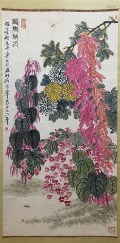 CHINESE SCROLL PAINTING OF DRAGONFLY AND FLOWER