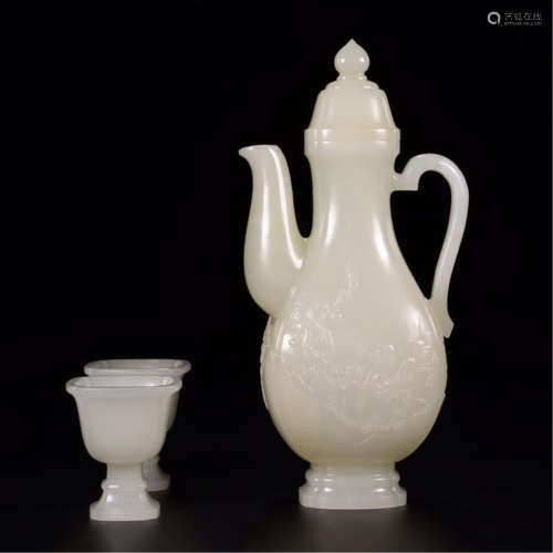 CHINESE WHITE JADE BIRD AND FLOWER KETTLE WITH CUP