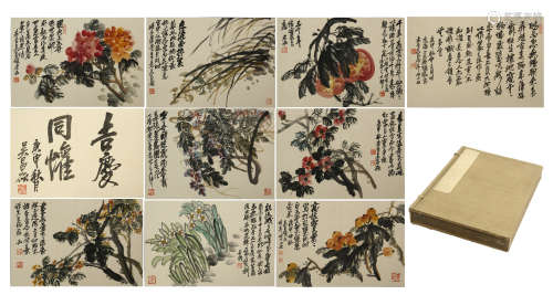 THIRTY-TWO PAGES OF CHINESE ALBUM PAINTING OF FLOWER WITH CALLIGRAPHY