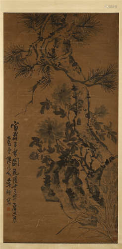 CHINESE SCROLL PAINTING OF PINE TREE AND ROCK
