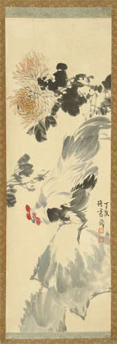CHINESE SCROLL PAINTING OF ROOSTER AND ROCK