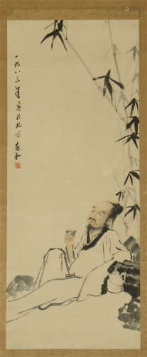 CHINESE SCROLL PAINTING OF MAN UNDER BAMBOO