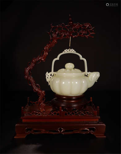 CHINESE WHTIE JADE LONG HANDLED TEA POT ON ROSEWOOD BASE