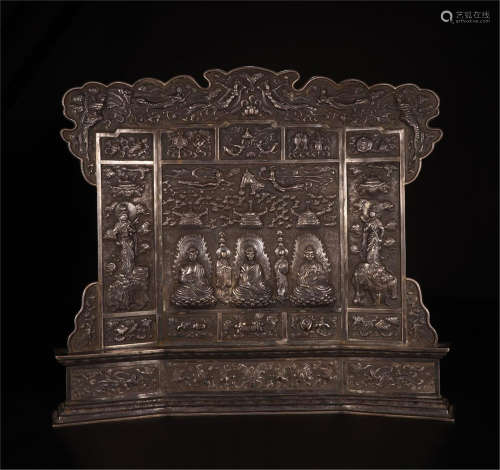 CHINESE SILVER IMMORTAL GATHERING TABLE SCREEN