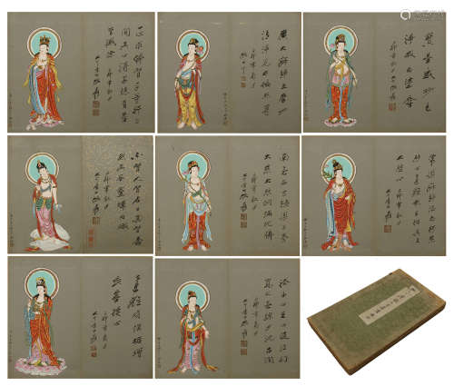 SIXTEEN PAGES OF CHINESE ALBUM PAINTING OF STANDING GUANYIN WITH CALLIGRAPHY