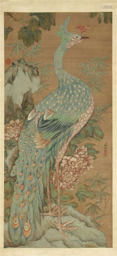 CHINESE SCROLL PAINTING OF PEACOCK ON ROCK