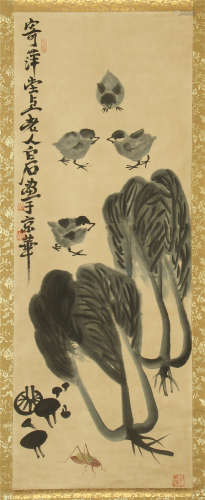 CHINESE SCROLL PAINTING OF CHICK AND CABBAGE