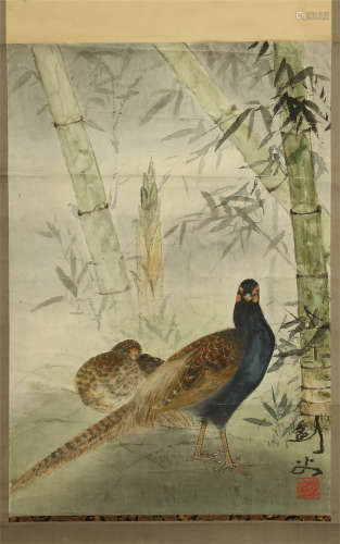 CHINESE SCROLL PAINTING OF PHEASANT IN BAMBOO