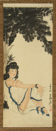 CHINESE SCROLL PAINTING OF BEAUTY UNDER LEAF