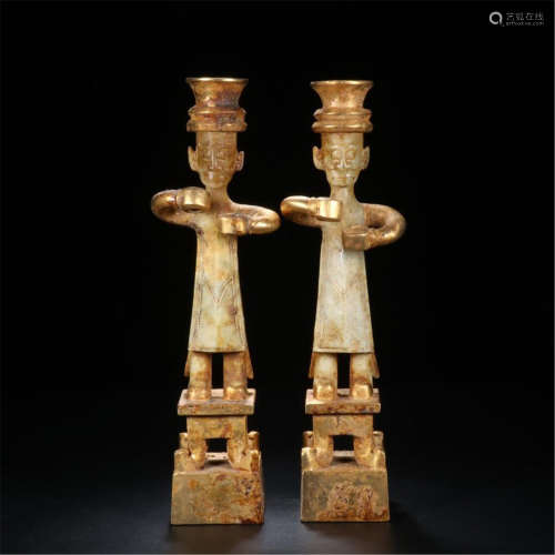 PAIR OF CHINESE ANCIENT JADE STANDING FIGURES CANDLE HOLDER