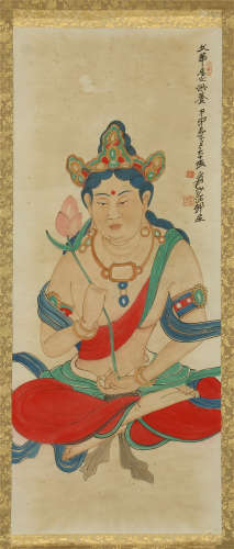 CHINESE SCROLL PAINTING OF SEATED GUANYIN WITH LOTUS