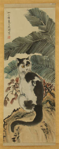 CHINESE SCROLL PAINTING OF CAT ON ROCK