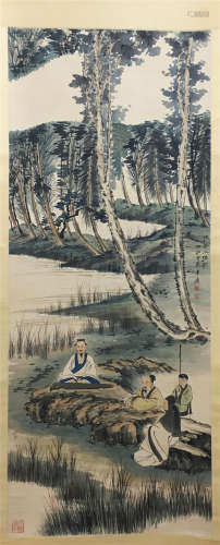 CHINESE SCROLL PAINTING OF MEN IN WOOD