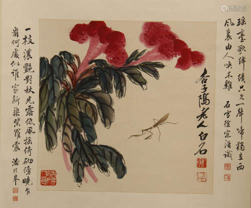 CHINESE SCROLL PAINTING OF INSCET AND FLOWER WITH CALLIGRAPHY