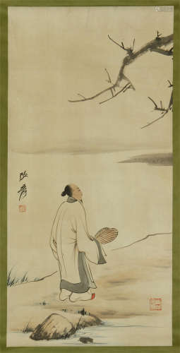 CHINESE SCROLL PAINTING OF MAN BY RIVER