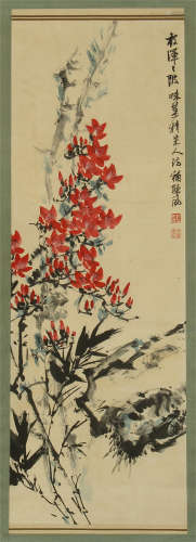 CHINESE SCROLL PAINTING OF FLWOER AND ROCK
