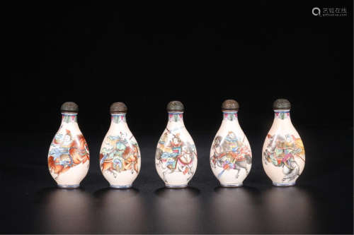 FIVE CHINESE ENAMEL FIGURE AND POEM SNUFF BOTTLES