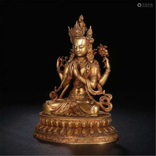 CHINESE GILT BRONZE FOUR ARM SEATED GUANYIN