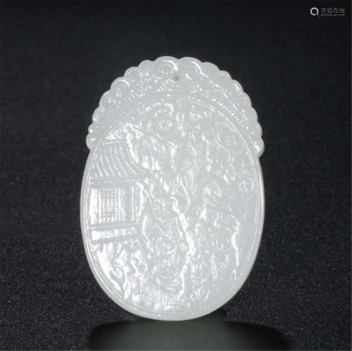 CHINESE WHITE JADE GARDEN VIEWS OVAL PLAQUE