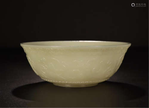 CHINESE WHITE JADE EIGHT IMMORTALS SIGNS BOWL