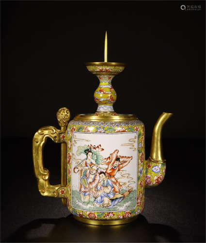 CHINESE BRONZE ENAMEL FIGURES TEA POT WITH CANDLE HOLDER