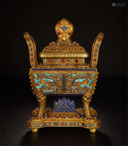 CHINESE GEM STONE INLAID GILT SILVER FOUR FEET SQUARE LIDDED CENSER ON BASE