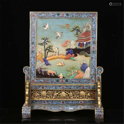 CHINESE GEM STONE INLAID LACQUER PLAQUE CLOISONNE TABLE SCREEN