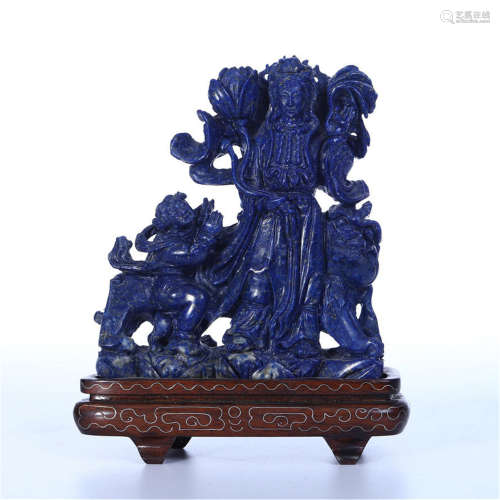 CHINESE LAPIS STANDING GUANYIN ON BEAST TABLE ITEM